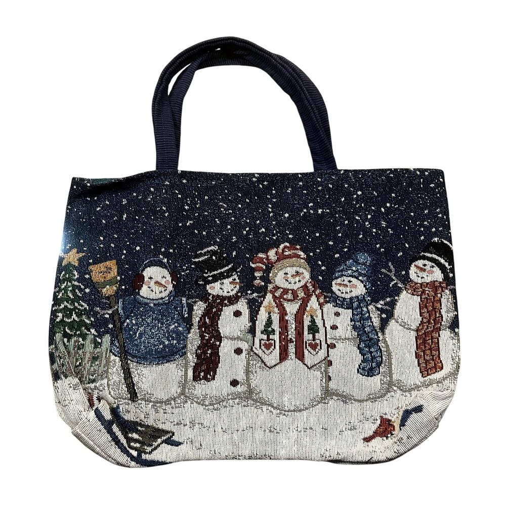 Vintage Style Snowman Holiday Tapestry‎ Purse Winter Tote Corduroy Straps